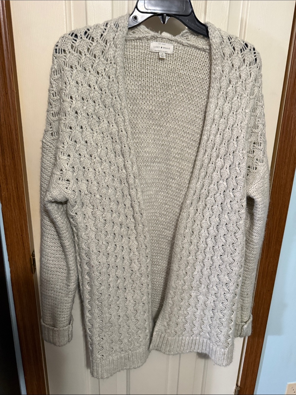 Lucky Brand Open Front Cable Cardigan in Heathered Cream size Large